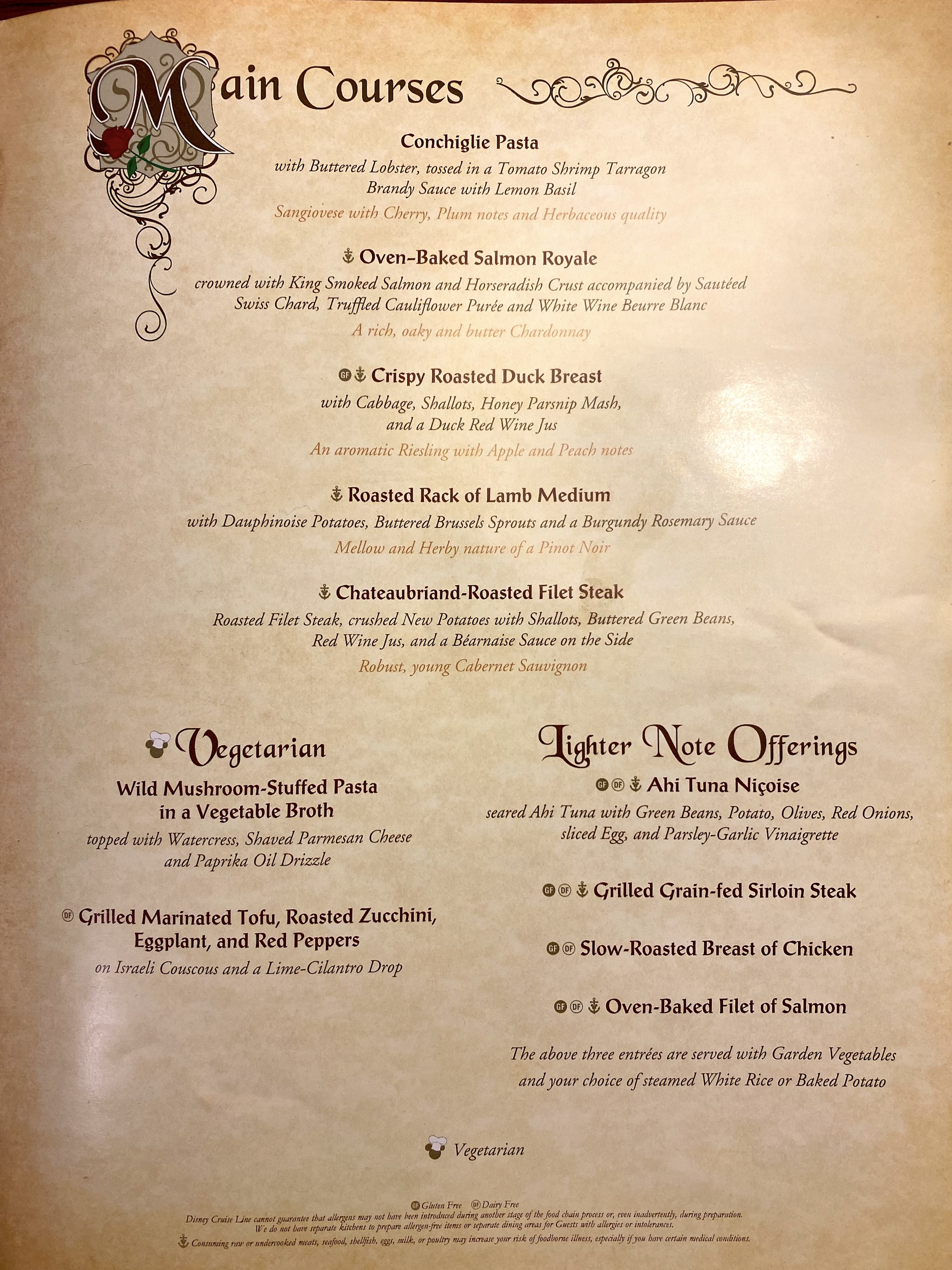 Disney Dream Royal Palace menu • Disney Cruise Mom Blog